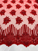 Red Beaded Fabric, Hand Embroidered Lace Bridal Floral On a Mesh Dress Fabric with Beads By The Yard