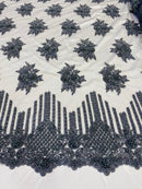Charcoal Beaded Fabric, Hand Embroidered Lace Bridal Floral On a Mesh Dress Fabric with Beads By The Yard