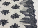 Charcoal Beaded Fabric, Hand Embroidered Lace Bridal Floral On a Mesh Dress Fabric with Beads By The Yard