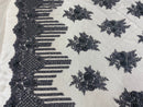Charcoal Beaded Fabric, Hand Embroidered Lace Bridal Floral On a Mesh Dress Fabric with Beads By The Yard