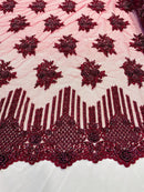 Burgundy Beaded Fabric, Hand Embroidered Lace Bridal Floral On a Mesh Dress Fabric with Beads By The Yard