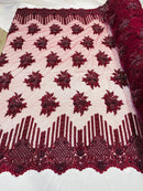 Burgundy Beaded Fabric, Hand Embroidered Lace Bridal Floral On a Mesh Dress Fabric with Beads By The Yard
