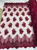 Burgundy Beaded Fabric, Hand Embroidered Lace Bridal Floral On a Mesh Dress Fabric with Beads By The Yard