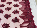 Burgundy Beaded Fabric, Hand Embroidered Lace Bridal Floral On a Mesh Dress Fabric with Beads By The Yard