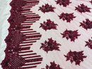 Burgundy Beaded Fabric, Hand Embroidered Lace Bridal Floral On a Mesh Dress Fabric with Beads By The Yard