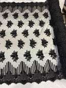 Black Beaded Fabric, Hand Embroidered Lace Bridal Floral On a Mesh Dress Fabric with Beads By The Yard