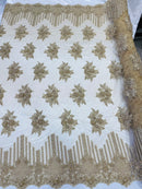 Champagne Beaded Fabric, Hand Embroidered Lace Bridal Floral On a Mesh Dress Fabric with Beads By The Yard