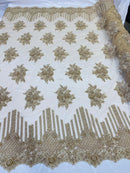Champagne Beaded Fabric, Hand Embroidered Lace Bridal Floral On a Mesh Dress Fabric with Beads By The Yard