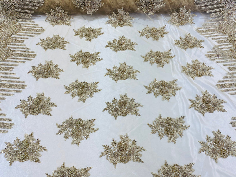Champagne Beaded Fabric, Hand Embroidered Lace Bridal Floral On a Mesh Dress Fabric with Beads By The Yard