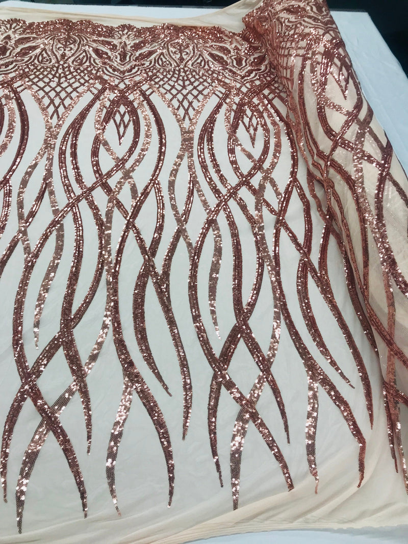 Rose Gold Sequins Lace Fabric On Mesh Vines Design Embroidered On 4way Stretch Sequin By The Yard -Prom-Gown ( Choose The Size )