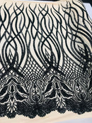 Black Sequins Lace Fabric On Nude Mesh Vines Design Embroidered On 4way Stretch Sequin By The Yard -Prom-Gown ( Choose The Size )