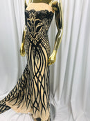 Black Sequins Lace Fabric On Nude Mesh Vines Design Embroidered On 4way Stretch Sequin By The Yard -Prom-Gown ( Choose The Size )
