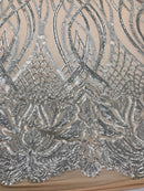 Matte Silver Sequins Lace Fabric On Nude Mesh Vines Design Embroidered On 4way Stretch Sequin By The Yard -Prom-Gown ( Choose The Size )