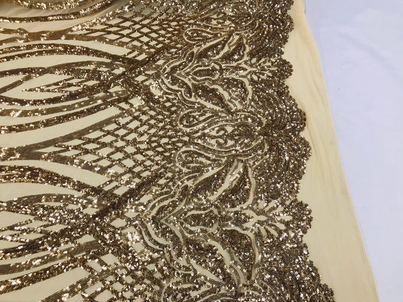Gold Sequins Lace Fabric On a Mesh Vines Design Embroidered On 4way Stretch Sequin By The Yard -Prom-Gown ( Choose The Size )