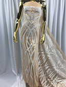 White Sequins Lace Fabric On Nude Mesh Vines Design Embroidered On 4way Stretch Sequin By The Yard -Prom-Gown ( Choose The Size )