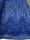 Royal Blue Sequins Lace Fabric On a Mesh Vines Design Embroidered On 4way Stretch Sequin By The Yard -Prom-Gown ( Choose The Size )