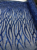 Royal Blue Sequins Lace Fabric On a Mesh Vines Design Embroidered On 4way Stretch Sequin By The Yard -Prom-Gown ( Choose The Size )