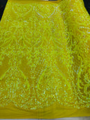Iridescent Yellow Sequin Fabrics, Damask Design 4Way Stretch Embroidery With Sequin on a Mesh-Prom-Gown By The Yard