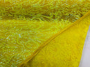 Iridescent Yellow Sequin Fabrics, Damask Design 4Way Stretch Embroidery With Sequin on a Mesh-Prom-Gown By The Yard