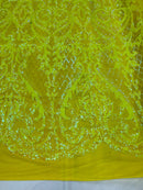 Iridescent Yellow Sequin Fabrics, Damask Design 4Way Stretch Embroidery With Sequin on a Mesh-Prom-Gown By The Yard