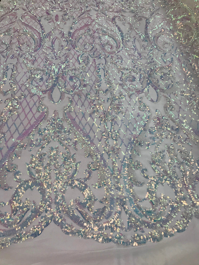 Iridescent Clear Sequin Fabrics, Damask Design 4Way Stretch Embroidery With Sequin on a Mesh-Prom-Gown By The Yard