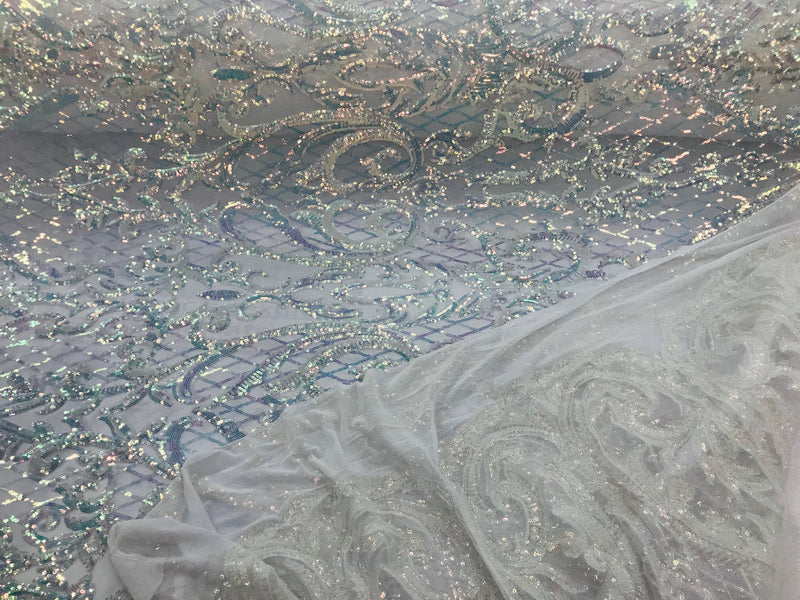 Iridescent Clear Sequin Fabrics, Damask Design 4Way Stretch Embroidery With Sequin on a Mesh-Prom-Gown By The Yard