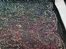 Iridescent Rainbow Sequin Fabrics on Black Mesh, Damask Design 4Way Stretch Embroidery With Sequin on a Mesh-Prom-Gown By The Yard