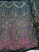 Iridescent Rainbow Sequin Fabrics on Black Mesh, Damask Design 4Way Stretch Embroidery With Sequin on a Mesh-Prom-Gown By The Yard