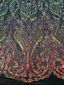 Iridescent Rainbow Sequin Fabrics on Black Mesh, Damask Design 4Way Stretch Embroidery With Sequin on a Mesh-Prom-Gown By The Yard