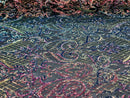 Iridescent Rainbow Sequin Fabrics on Black Mesh, Damask Design 4Way Stretch Embroidery With Sequin on a Mesh-Prom-Gown By The Yard