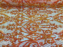 Iridescent Orange Sequin Fabrics, Damask Design 4Way Stretch Embroidery With Sequin on a Mesh-Prom-Gown By The Yard