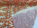 Iridescent Orange Sequin Fabrics, Damask Design 4Way Stretch Embroidery With Sequin on a Mesh-Prom-Gown By The Yard