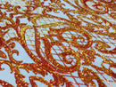 Iridescent Orange Sequin Fabrics, Damask Design 4Way Stretch Embroidery With Sequin on a Mesh-Prom-Gown By The Yard