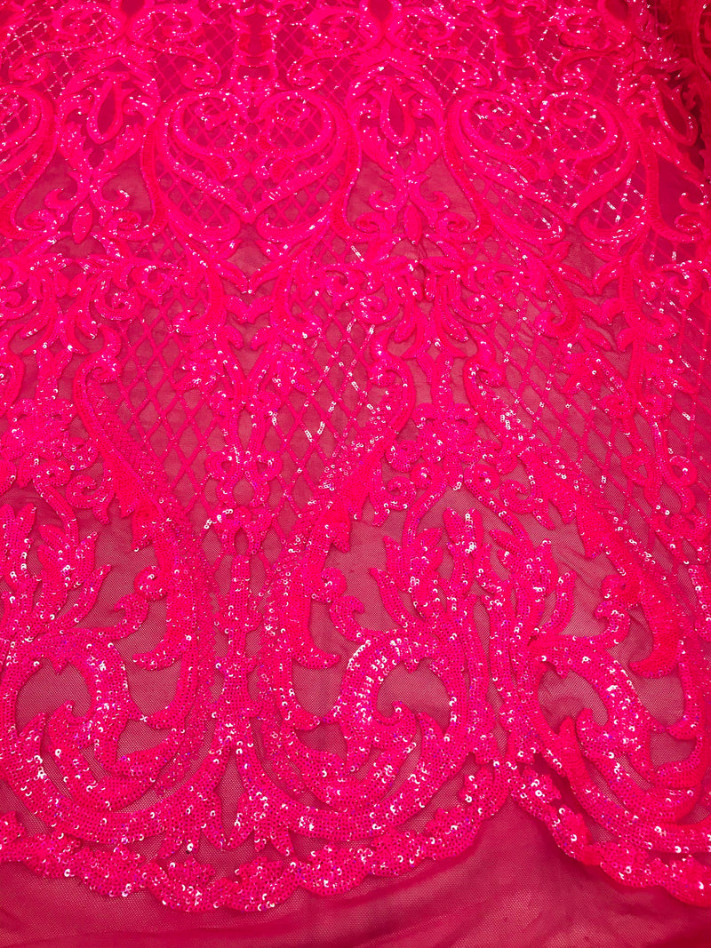 Iridescent Hot Pink Sequin Fabrics, Damask Design 4Way Stretch Embroidery With Sequin on a Mesh-Prom-Gown By The Yard