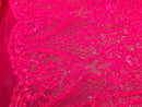 Iridescent Hot Pink Sequin Fabrics, Damask Design 4Way Stretch Embroidery With Sequin on a Mesh-Prom-Gown By The Yard