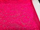 Iridescent Hot Pink Sequin Fabrics, Damask Design 4Way Stretch Embroidery With Sequin on a Mesh-Prom-Gown By The Yard