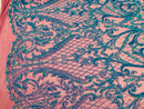 Iridescent Turquoise Sequin Fabrics on Mauve Mesh, Damask Design 4Way Stretch Embroidery With Sequin on a Mesh-Prom-Gown By The Yard