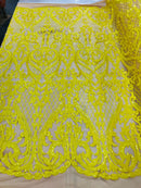 Yellow Sequin Fabrics on Nude Mesh, Damask Design 4Way Stretch Embroidery With Sequin on a Mesh-Prom-Gown By The Yard