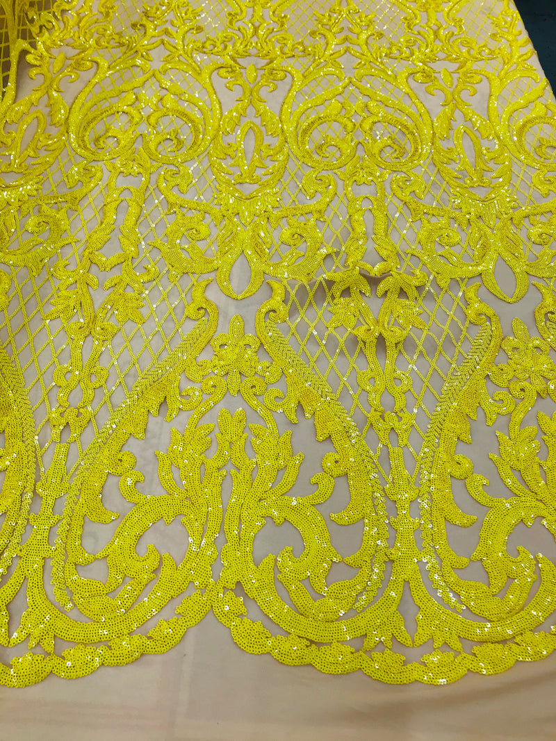 Yellow Sequin Fabrics on Nude Mesh, Damask Design 4Way Stretch Embroidery With Sequin on a Mesh-Prom-Gown By The Yard