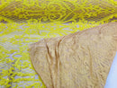 Yellow Sequin Fabrics on Nude Mesh, Damask Design 4Way Stretch Embroidery With Sequin on a Mesh-Prom-Gown By The Yard