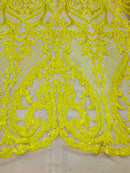 Yellow Sequin Fabrics on Nude Mesh, Damask Design 4Way Stretch Embroidery With Sequin on a Mesh-Prom-Gown By The Yard