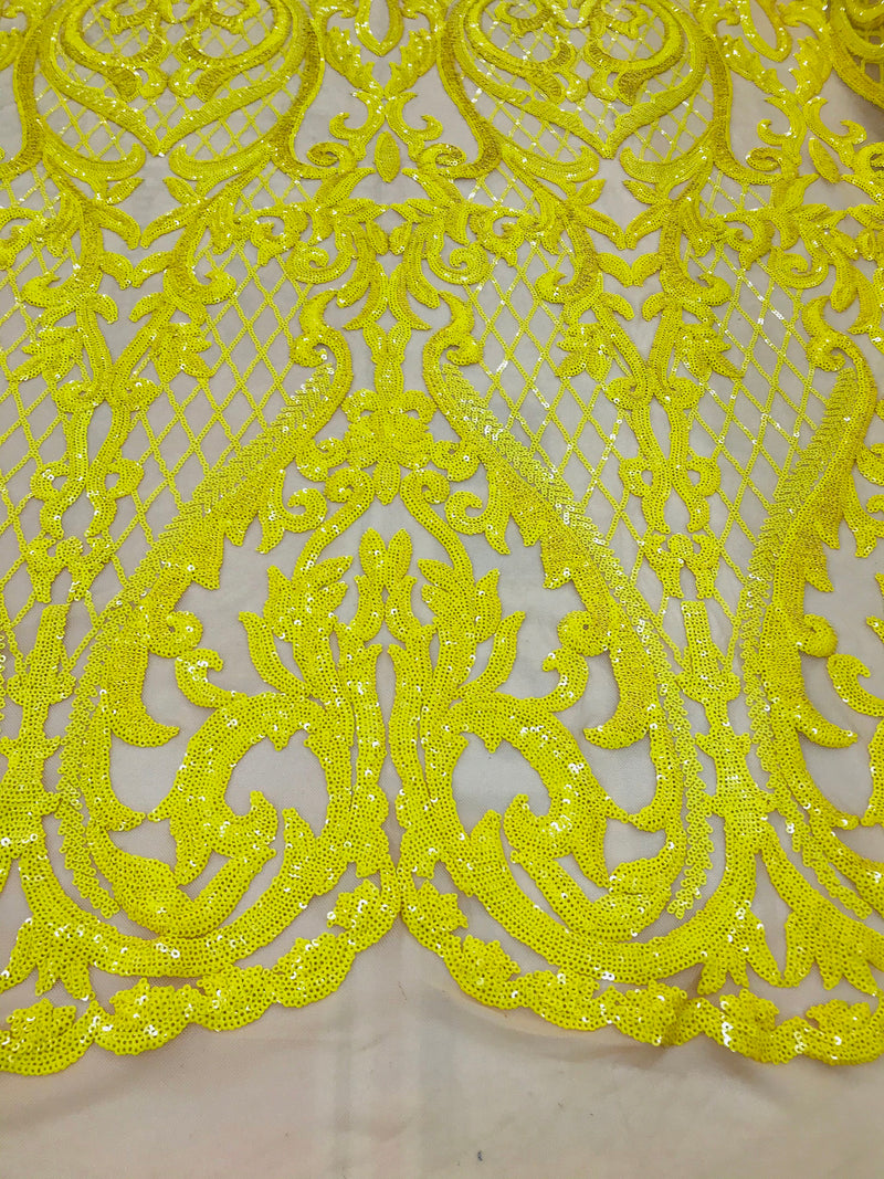 Yellow Sequin Fabrics on Nude Mesh, Damask Design 4Way Stretch Embroidery With Sequin on a Mesh-Prom-Gown By The Yard