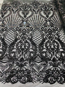Black Sequin Damask Design on a 4 Way Stretch Sequin Fabric Spandex Mesh-Prom-Gown By The Yard