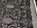 Black Sequin Damask Design on a 4 Way Stretch Sequin Fabric Spandex Mesh-Prom-Gown By The Yard