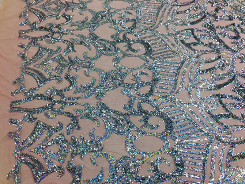 Sequin Fabric - Silver - 4 Way Stretch Royalty Lace Sequin By Yard