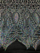 Sequin Fabric - Silver on Black - 4 Way Stretch Royalty Lace Sequin By Yard