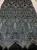 Sequin Fabric - Silver on Black - 4 Way Stretch Royalty Lace Sequin By Yard