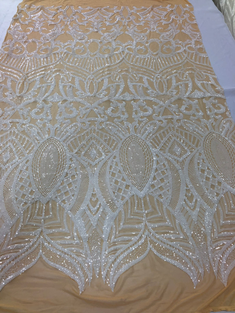 Sequin Fabric - White on Nude - 4 Way Stretch Royalty Lace Sequin By Yard
