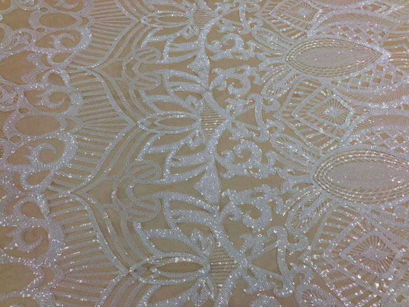Sequin Fabric - White on Nude - 4 Way Stretch Royalty Lace Sequin By Yard