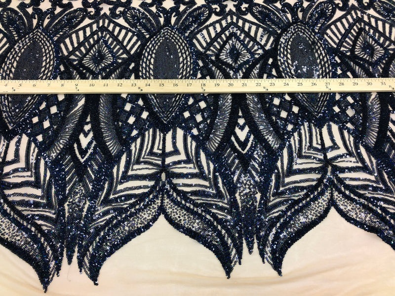 Sequin Fabric - Navy Blue - 4 Way Stretch Royalty Lace Sequin By Yard